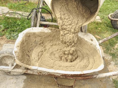 Concrete mixer detail. Making concrete in the mixer at the construction site