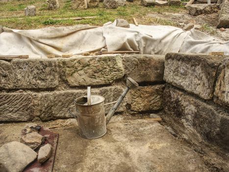 Sandstone block wall on ancient building, traditional  medieval architecture