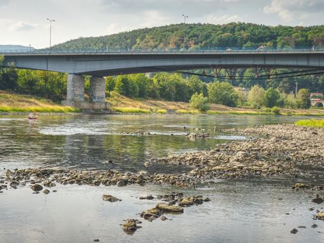 Dried out river bed of the Elbe near town Decin, Czech Republic, summer 2018. Dry land by the biggest river in Czech and Germany.