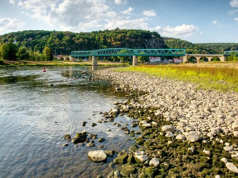 River Elbe (Labe in Czech language) in Decin town with level 0.8m instead of standard 2.5-3.0m. Extreme dryness within summer 2018.