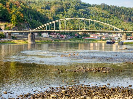 Dried out river bed of the Elbe near town Decin, Czech Republic, summer 2018. Dry land by the biggest river in Czech and Germany.