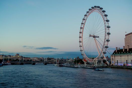 London, England - October 18 2016: London cityscape encompassing the London Eye, River Thames and County Hall