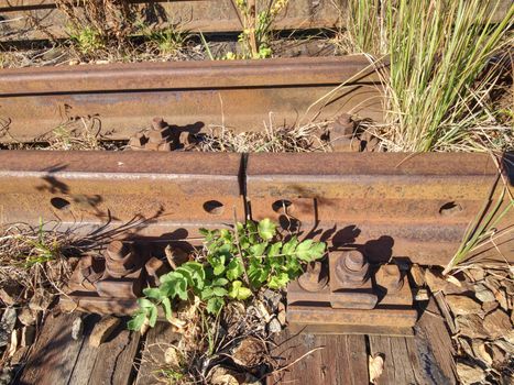 Old abandoned rail and bolt of a railway.  Rusty train railway detail, oiled sleepers and stones between rail way 