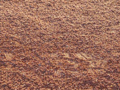 Sport shoe footprint on a tennis clay court. Dry light red crushed bricks surface on outdoor tennis ground