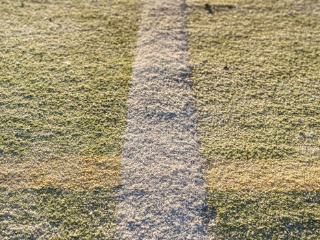 Border line in handball playing field.  The outdoor handball playground plastic light green surface on ground.