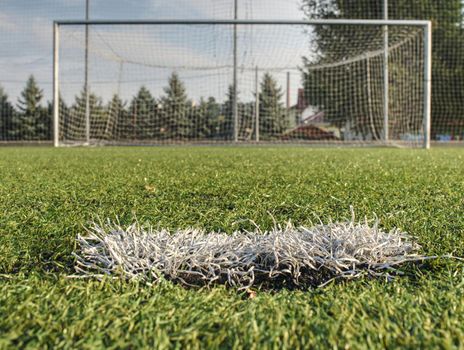 Goal keeper area. White stripe on artificial green soccer field on outdoor stadium