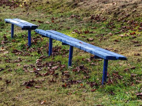 Blue old empty abandoned bench with autumn leaves on it. Beginning of autumn time
