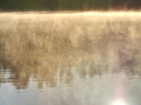 Lake water is mirroring forest on oposit bank. Romantic abstract blurry view to water level.