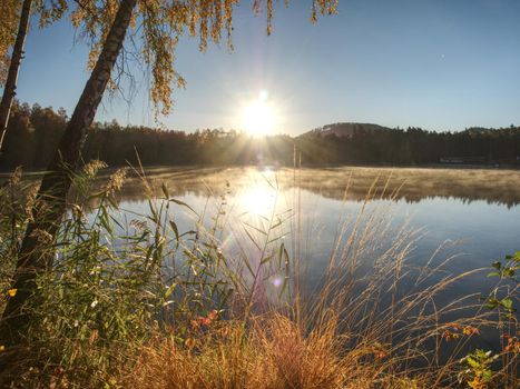 Beautiful forest lake old quarry on a clear autumn day.  Reflection in calm water leveel.