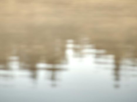 Mirroring of treetops in lake water level. Gentle mist above water in orange shadows from daybreak sun.