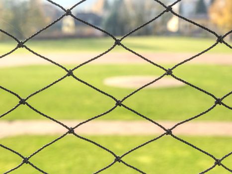 Baseball stadium. Green grass on baseball field  behind of safety net.