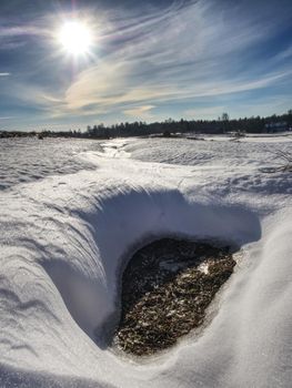 Frozen grass stalks stick out from meadow in the winter.  Shinning of ice crystals.