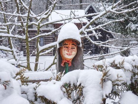 Crazy scary mask. A cut off head on the fence like a house keeper. Winter walking around houses.