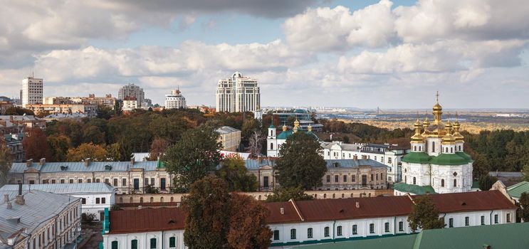 Kyiv, Ukraine - Sep. 29, 2018: Aerial view of Kiev city with churches, new and old buildings. Old and modern architecture in capital city of Ukraine, beautiful landscape of Kiev city.