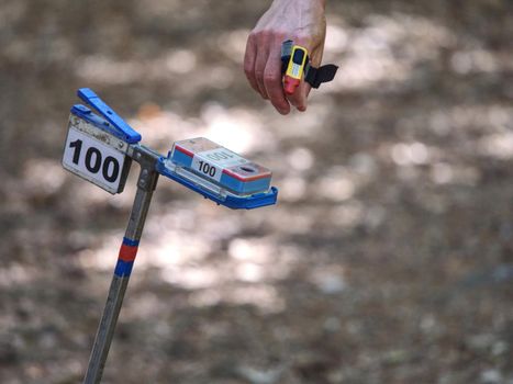Runner hurry up to control his position with finger chip and digital control point in forest. Funny sport activity for all generations.