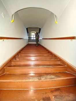 Wooden  starirs with handrail in the attic in a rustic interior house built at beginning ov  20th century