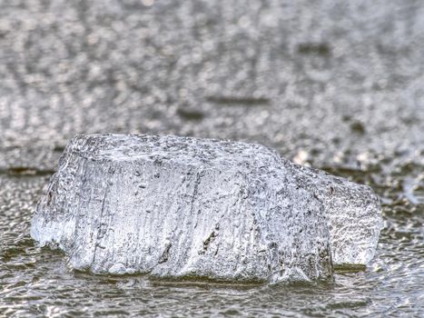 Detail of melting ice block floating in the river. Frozen river surface covered with soft ice