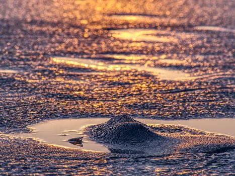 Sharp edge of dark water thawed from under the prurple blue ice in early spring. Backlight of sunset.