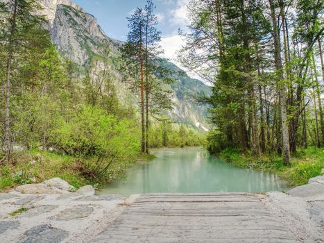 Wooden foot bridge above blue green water, fresh green spring forest. High mountains in background.