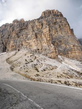 Spring view from road in National Park Tre Cime di Lavaredo, bellow the Cristallo group, Alps mountain. Dolomites South Tyrol. Location Auronzo Italy Europe.