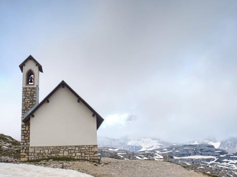 Tre Cime  tour. Mountain chapel near Tre Cime di Lavaredo in Dolomites Alps Italy