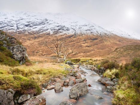 Cold foggy day in spring Higland mountains in Scotland.  Snowy cone of mountain in heavy clouds. Dry grass and heather bushes on stream banks. 