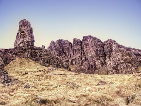 Old Man of Storr rocks with clear sky Isle of Skye Scotland, cold February morning