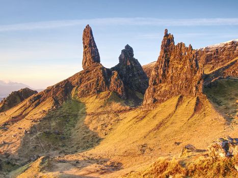 Old Man of Storr rocks with clear sky Isle of Skye Scotland, cold February morning