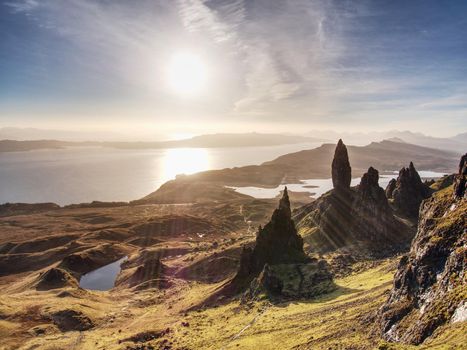 Famous view over Old Man of Storr in Scotland. Popular exposed rocky tower.