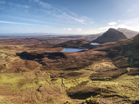 Quiraing mountains in winter midday. Hilly landscape of Isle of Skye, Scottish Highlands. Breathtaking view