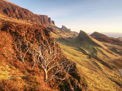 Landscape in Isle of Skye northern Scotland.  Landscape view of Quiraing mountains 