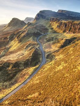 Landscape view of Quiraing mountains on Isle of Skye, Scottland. Sunny winter middaywith clear sky