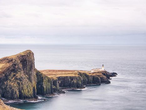 Sunrise over the Neist Point Lighthouse. Popular photographers location on the Isle of Skye in Scotland