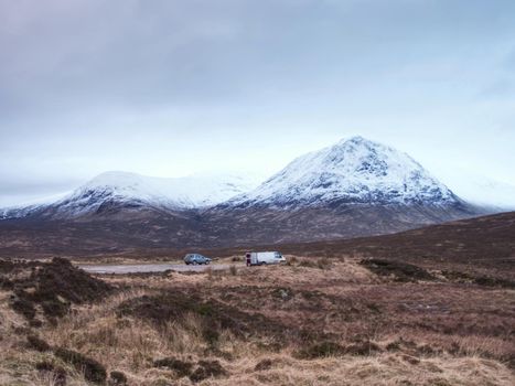 Cold winter day on meadow at river Coupall at delta to river Etive  near Glencoe in the Scottish highlands