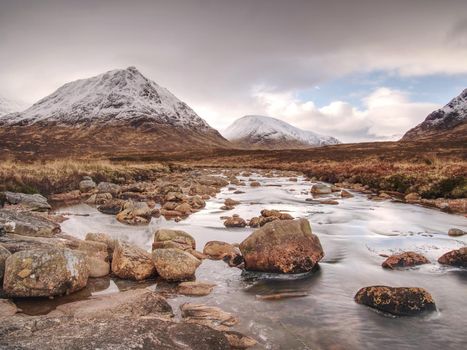 Cold winter day on meadow at river Coupall at delta to river Etive  near Glencoe in the Scottish highlands