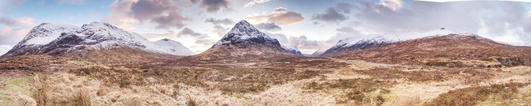 Fresh snow covered peaks of mountains in the Glencoe region of Scotland.