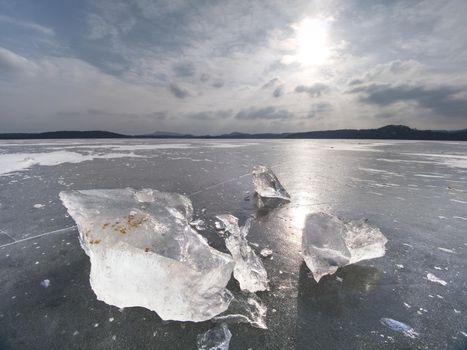 Ocean iceberg pieces, pure antarctic landscape. Iceberg floe drift on cold water of ocean or sea