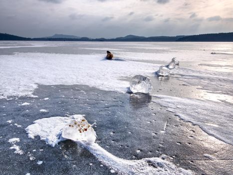 Shining shards of broken ice. Abstract still life of ice floes on lavel of frozen lake.