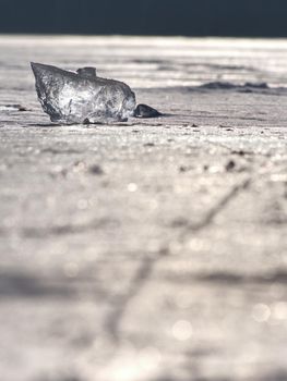 Abstract ice floe on frozen lake. Weathered ice and sparkling of evening sun. Deep ice cracks.