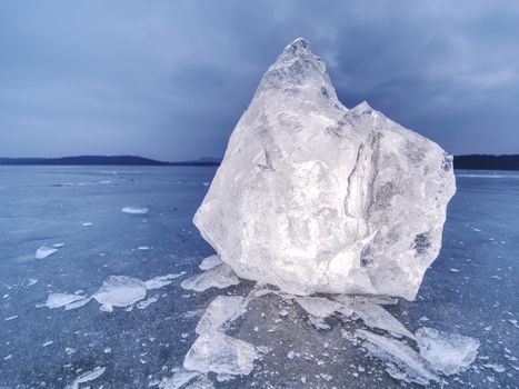 ice piece in blue shadows, on dark natural background. Ice in backlight