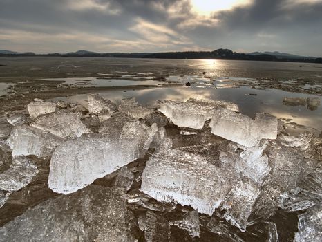 Melting glaciers and rising river levels. The result of dangerous human actions. Irreversible ecological changes