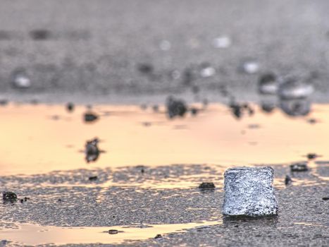 Blue and white pieces of broken ice. Melting of  broken ice pieces, crushed floes on frozen lake. Warm colors of evening sun in reflections.