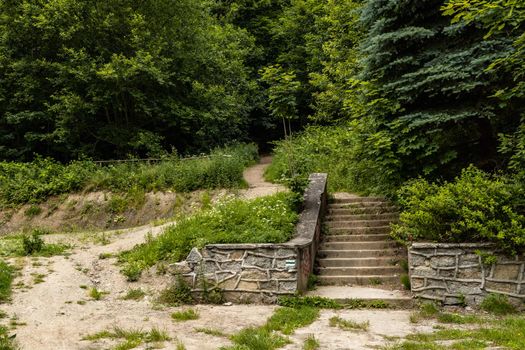 Small construction with concrete stairs at mountain trail in Walbrzych mountains