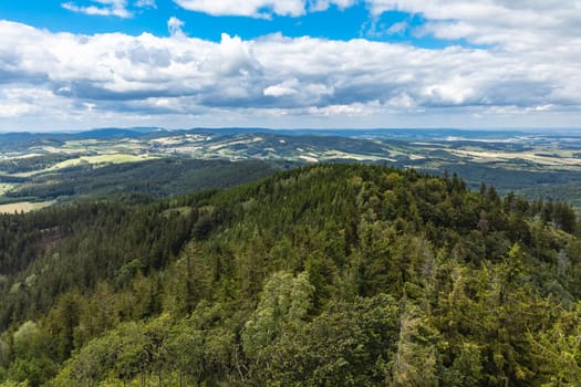 Beautiful panorama of mountains seen from top of observation tower on Trojgarb mountain