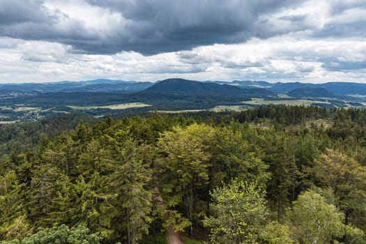 Beautiful panorama of mountains seen from top of observation tower on Trojgarb mountain