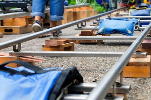 Detail of dolly track for camera equipment,Film Shoot,Behind the scene, Film crew production