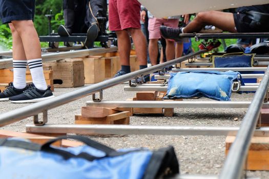 Detail of dolly track for camera equipment,Film Shoot,Behind the scene, Film crew production