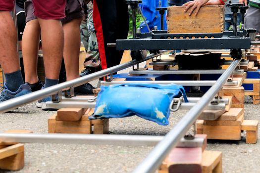 Detail of dolly track for camera equipment,Film Shoot,Behind the scene, Film crew production