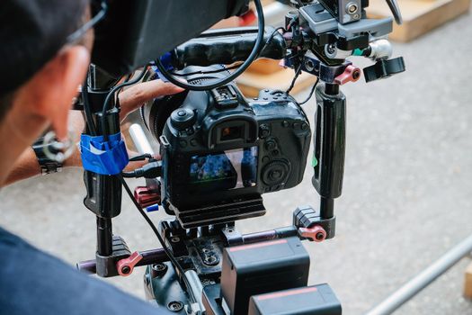 detail of Video camera , film crew production, behind the scenes background