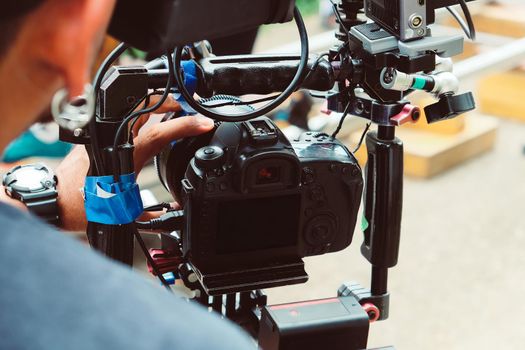 detail of Video camera , film crew production, behind the scenes background